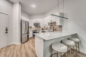 Modern kitchen with white cabinets and breakfast bar